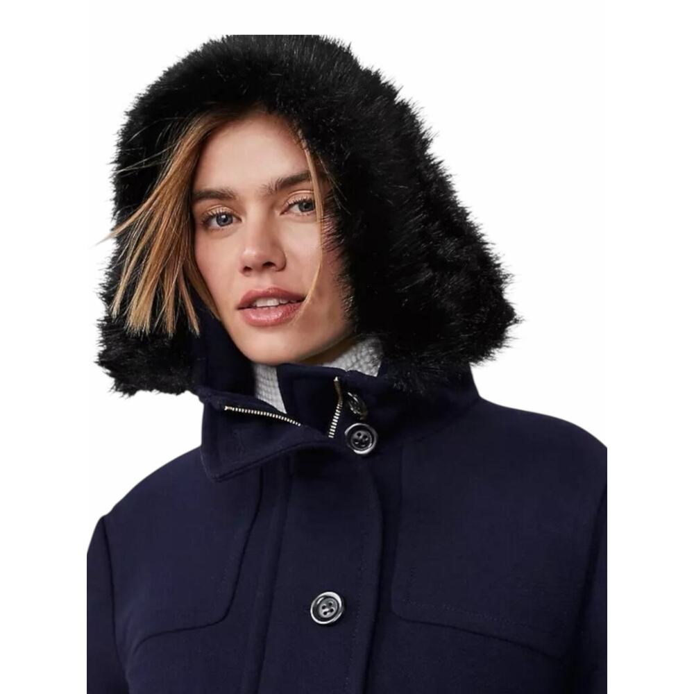 Ann Taylor Weekend Collection Faux Fur Trim Wool Duffle Coat Blue Size M - Picture 3 of 12